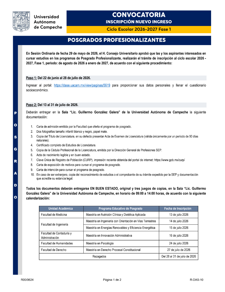 R-DAS-10 Convocatoria de Inscripción de Nuevo Ingreso Posgrados Profesionalizantes 26-1_1